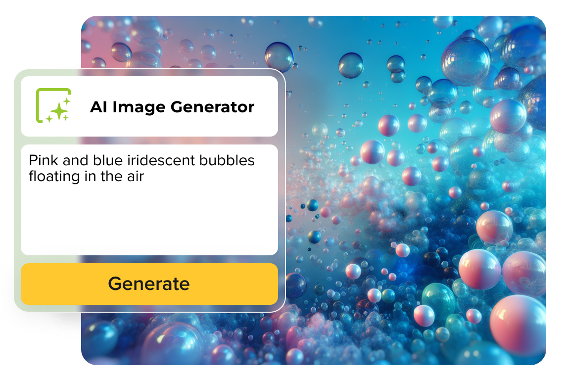 visual of the assets ai image generator with the text "pink and blue iridescent bubbles floating in the air" with the image that generated behind it