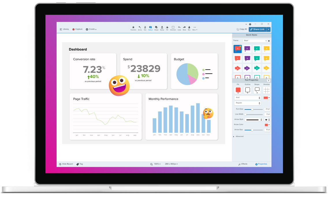 Snagit editor displaying a dashboard with conversion rate, spend, budget, page traffic, and monthly performance charts, along with annotation tools and a "Share Link" button.