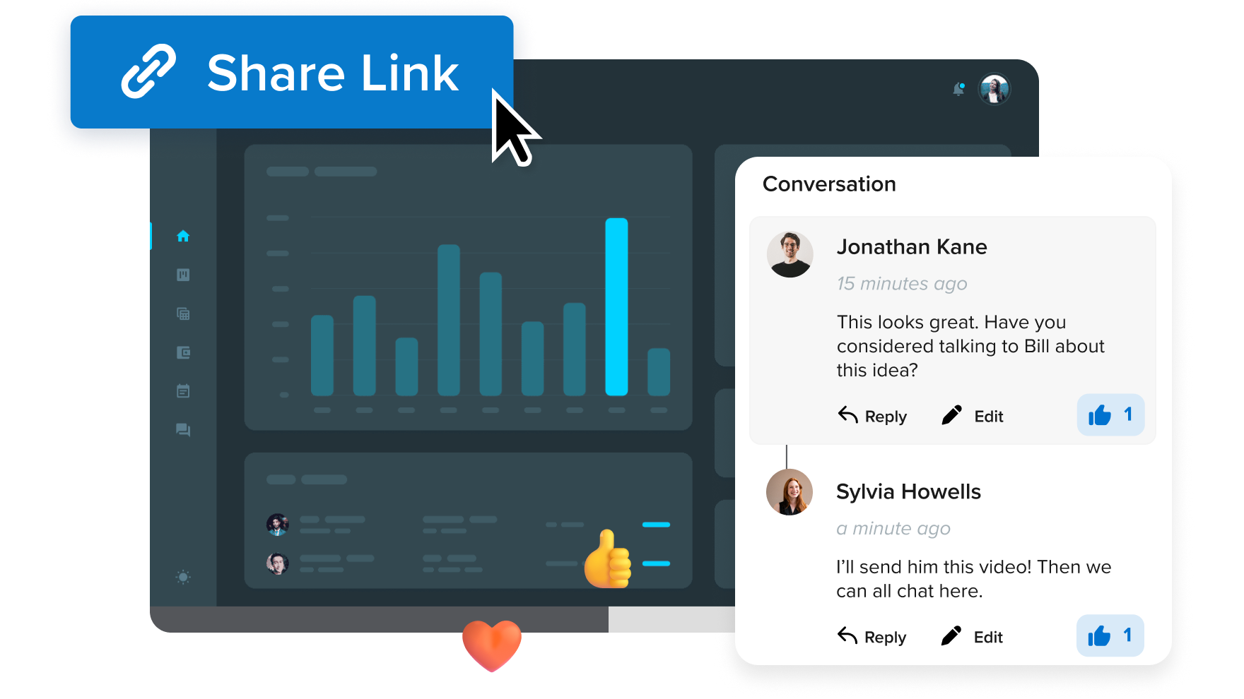 Screenshot demonstrating Snagit and Screencast collaboration features, including a clickable 'Share Link' button and a conversation window with comments from users discussing shared content.